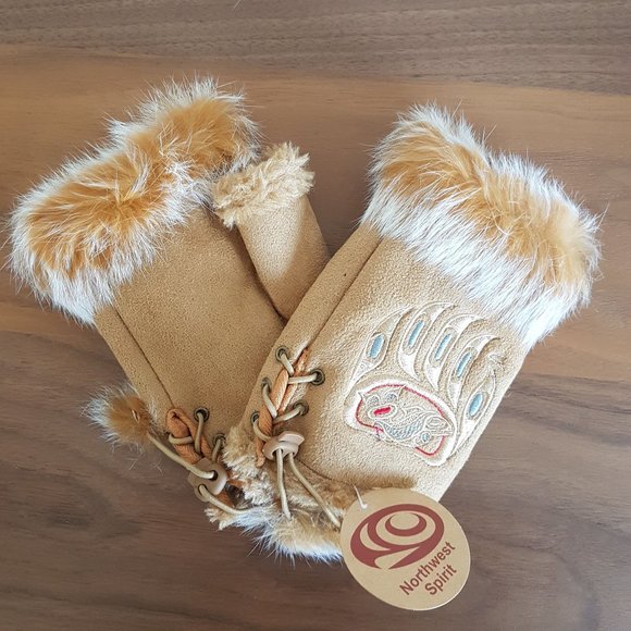 Accessories - Fur & Suede Tan Fingerless Mittens with Paw Detail